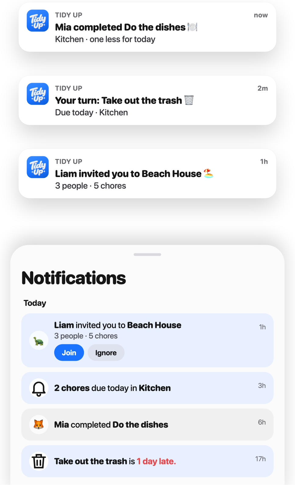 Three Tidy Up notifications: Mia completed Do the dishes, Your turn: Take out the trash, Liam invited you to Beach House, with the Notifications inbox beneath