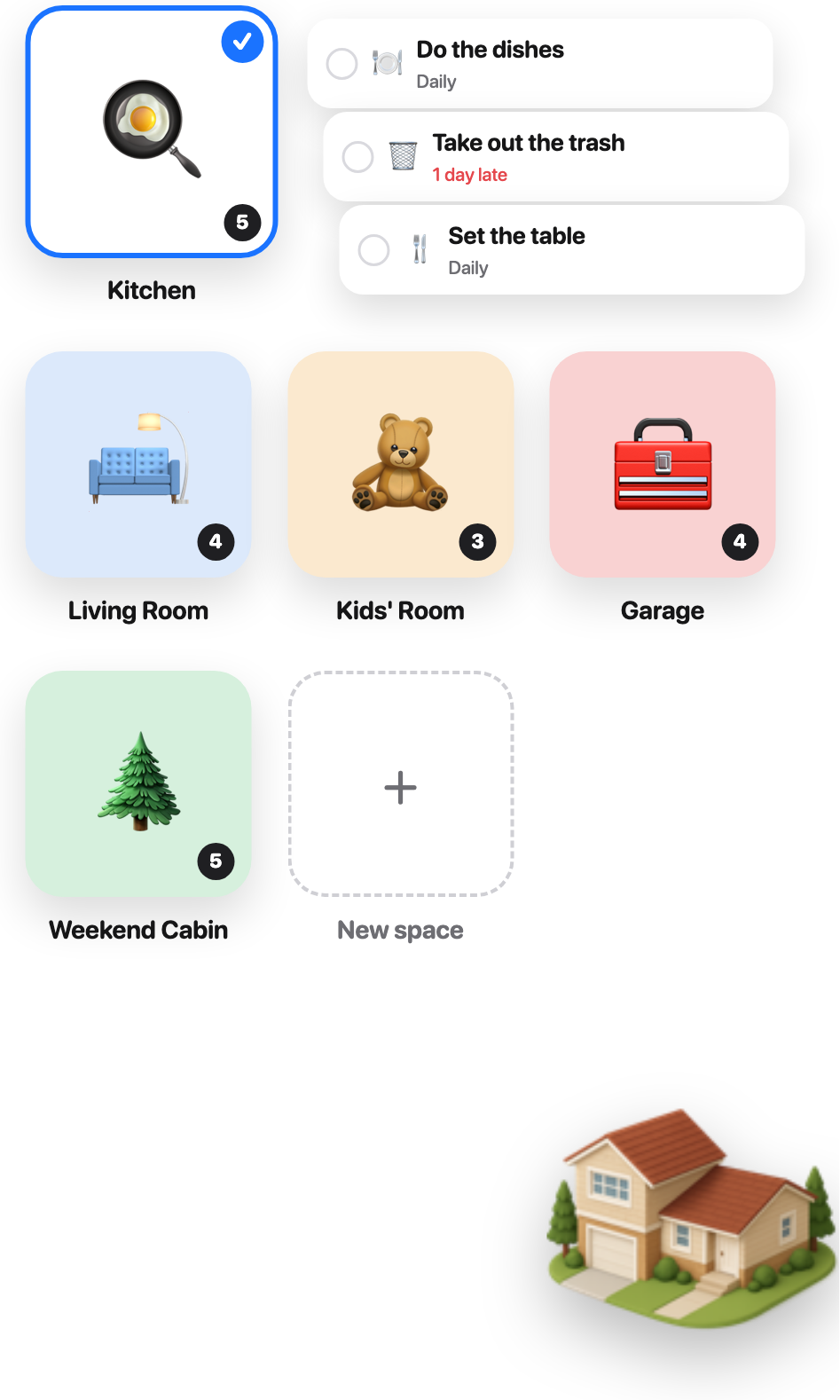 Room tiles: Kitchen with its chores spilling out, Living Room, Kids' Room, Garage, Weekend Cabin and a New space tile