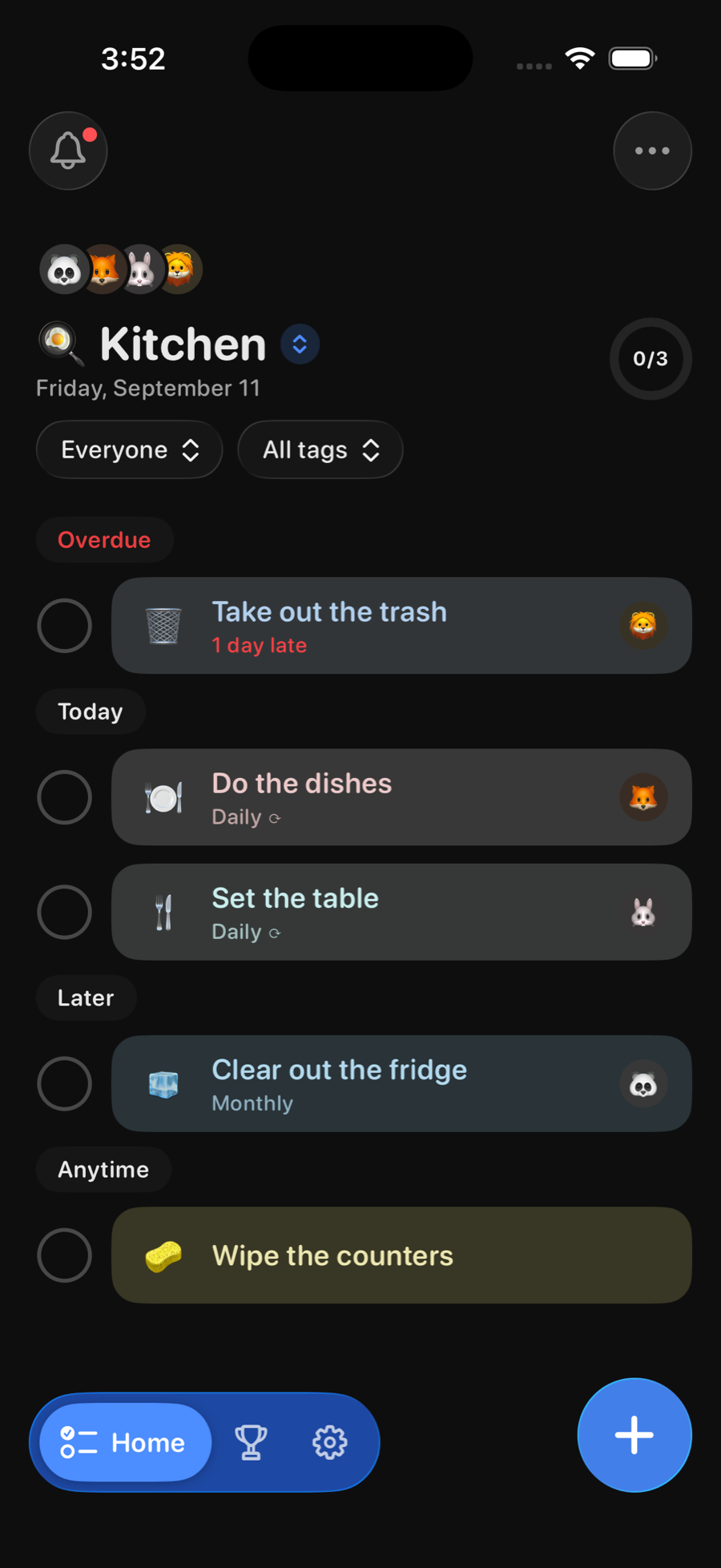 Tidy Up in dark mode: the same Kitchen list on a black background
