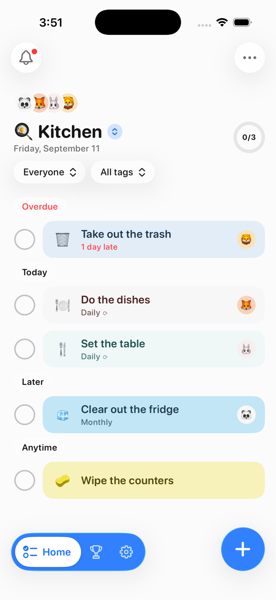 Tidy Up on iPhone: the Kitchen list with today's chores, who each one is assigned to and which one is overdue