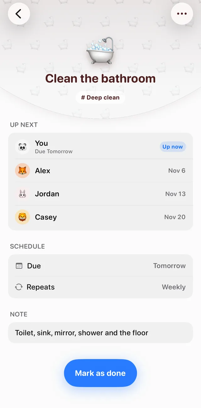 Clean the bathroom in Tidy Up, repeating weekly, with an Up next list: You up now and due tomorrow, then Alex on Nov 6, Jordan on Nov 13 and Casey on Nov 20