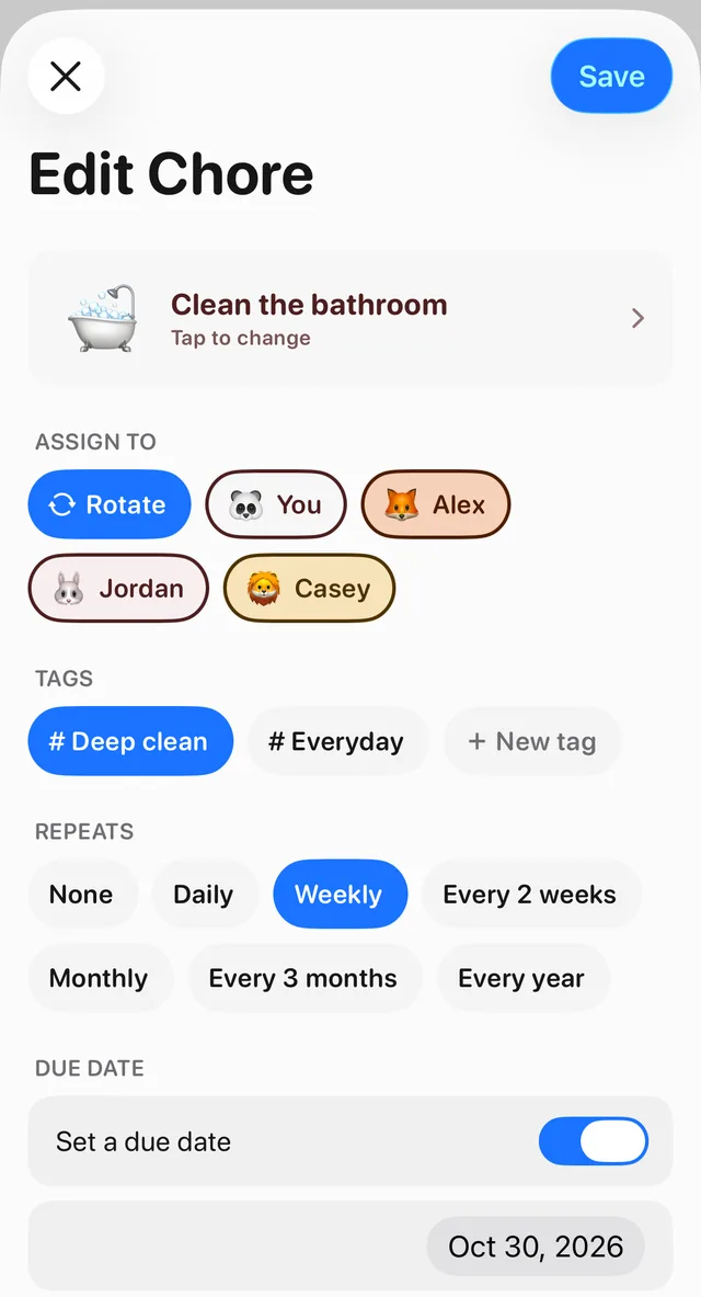 The Edit Chore form in Tidy Up for Clean the bathroom: Repeats set to Weekly, and Rotate turned on with You, Alex, Jordan and Casey selected