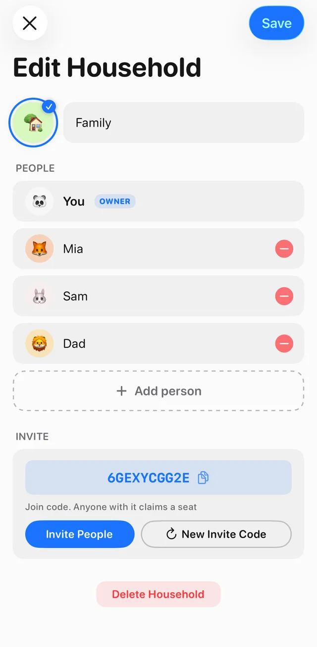 The Edit Household screen in Tidy Up for a household called Family: You, Mia, Sam and Dad under People, an Add person button, and the household's join code
