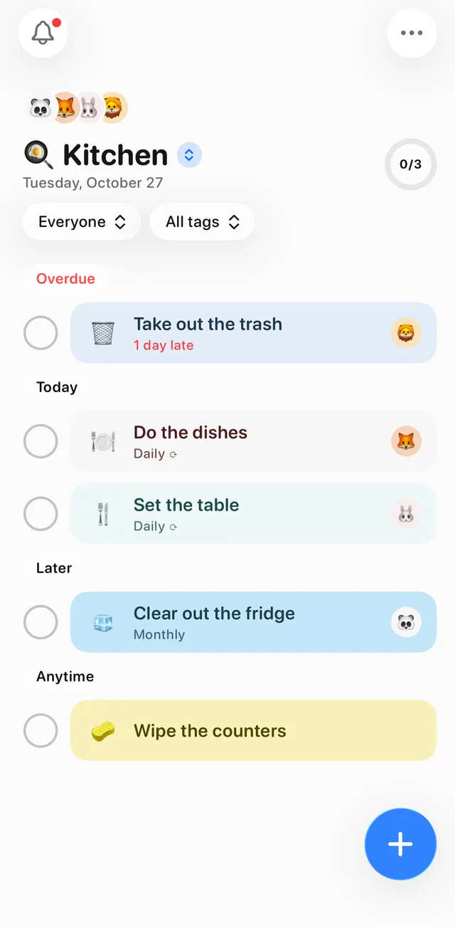Tidy Up's Kitchen list for a family: Take out the trash one day late for Dad, Do the dishes daily with Mia on duty, Set the table daily with Sam on duty, Clear out the fridge monthly under Later and Wipe the counters anytime