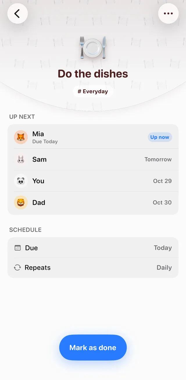 Do the dishes in Tidy Up, repeating daily, with an Up next list showing Mia up now, then Sam tomorrow, You and Dad
