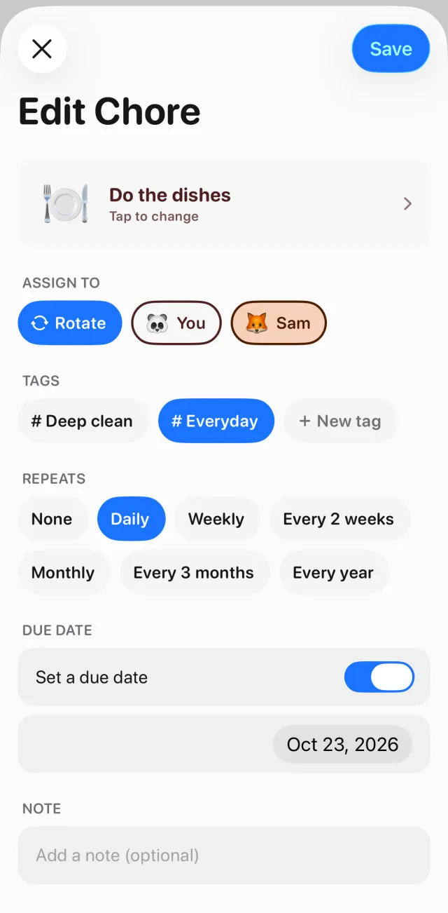 The Edit Chore form in Tidy Up for Do the dishes, with a Repeats row offering None, Daily, Weekly, Every 2 weeks, Monthly, Every 3 months and Every year