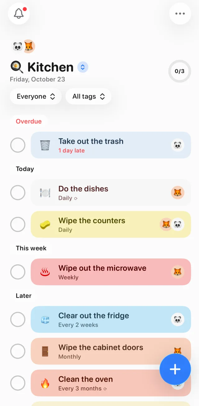Tidy Up's Kitchen list for You and Sam: Take out the trash one day late, Do the dishes and Wipe the counters today, Wipe out the microwave this week, and Clear out the fridge every 2 weeks, Wipe the cabinet doors monthly and Clean the oven every 3 months under Later, each labeled with how often it repeats