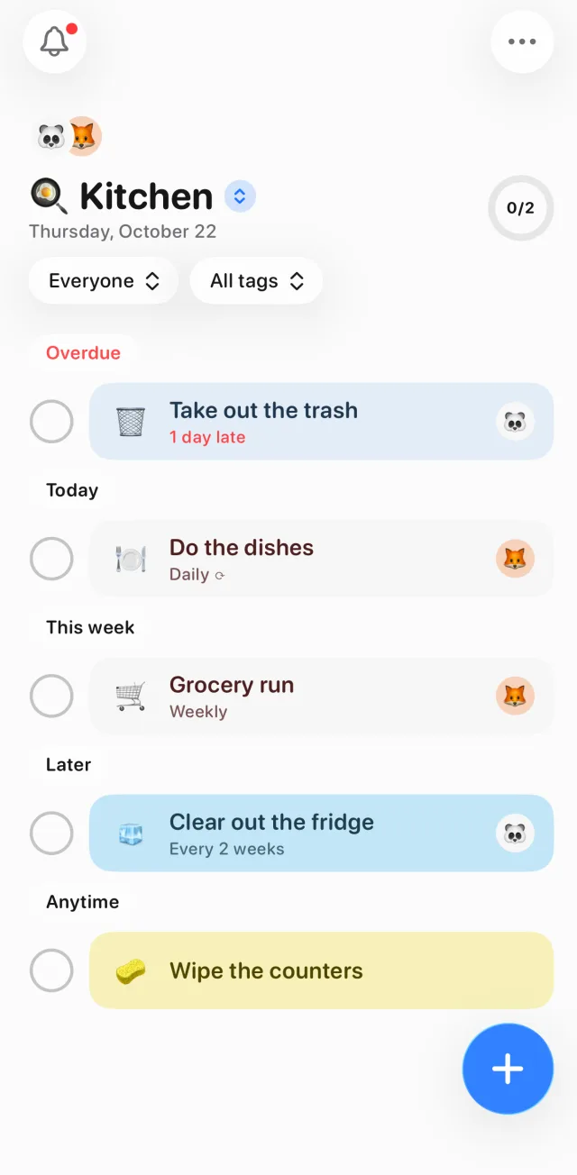 Tidy Up's Kitchen list for You and Sam: Take out the trash one day late, Do the dishes today, Grocery run this week, Clear out the fridge later and Wipe the counters anytime, each with the avatar of whoever is on duty