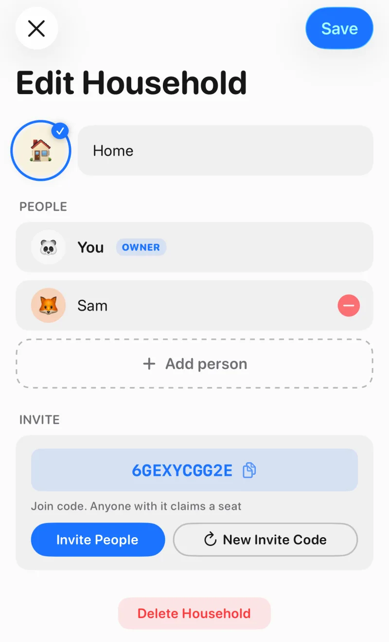 The Edit Household screen in Tidy Up for a household called Home: You and Sam under People, an Add person button, and a join code with Invite People and New Invite Code buttons