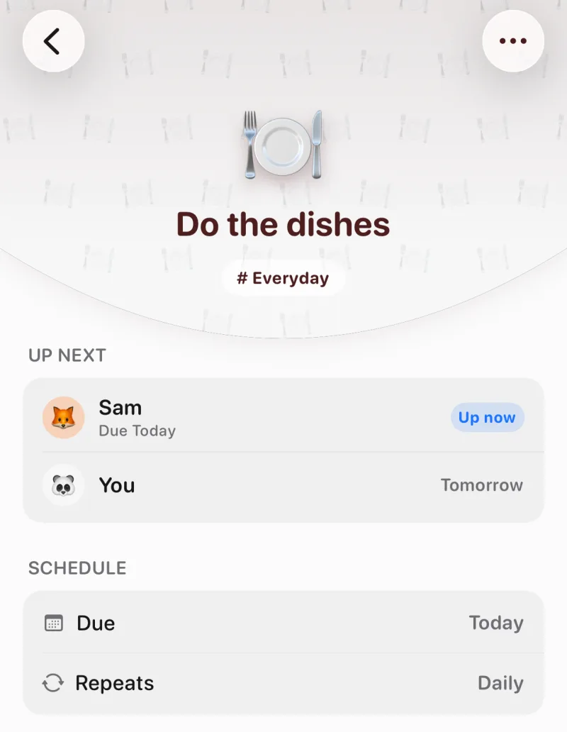 Do the dishes in Tidy Up, repeating daily, with an Up next list showing Sam up now and You tomorrow