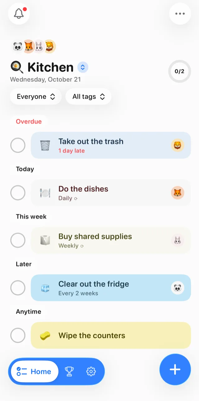 Tidy Up's Kitchen list: Take out the trash overdue, Do the dishes today, Buy shared supplies this week, Clear out the fridge later, each with the avatar of the roommate on duty