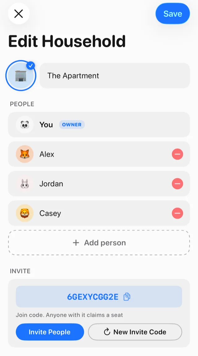 The Edit Household screen in Tidy Up for The Apartment: You, Alex, Jordan and Casey, an Add person button, and a join code with Invite People and New Invite Code buttons