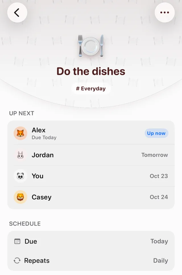 Do the dishes in Tidy Up: an Up next list with Alex up now, Jordan tomorrow, then You and Casey on later dates, repeating daily